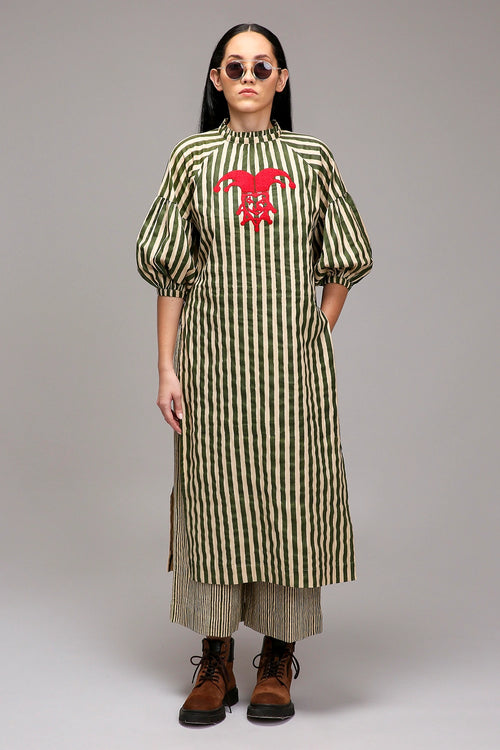 Egg-Shell Green Striped Big Joker Tunic Set (2 PCS)