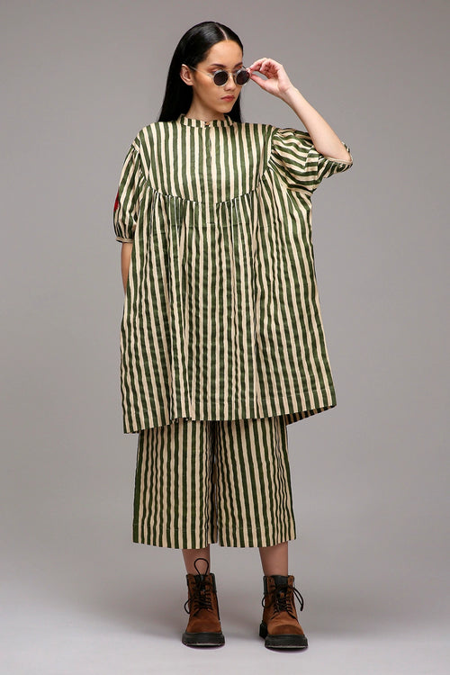 Egg-Shell Green Striped Short Acra Tunic Set