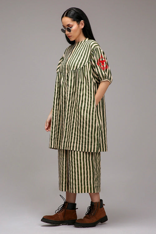 Egg-Shell Green Striped Short Acra Tunic Set