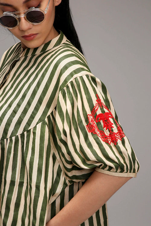 Egg-Shell Green Striped Short Acra Tunic Set