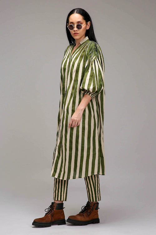 Egg-Shell Green Striped Baha Tunic Set