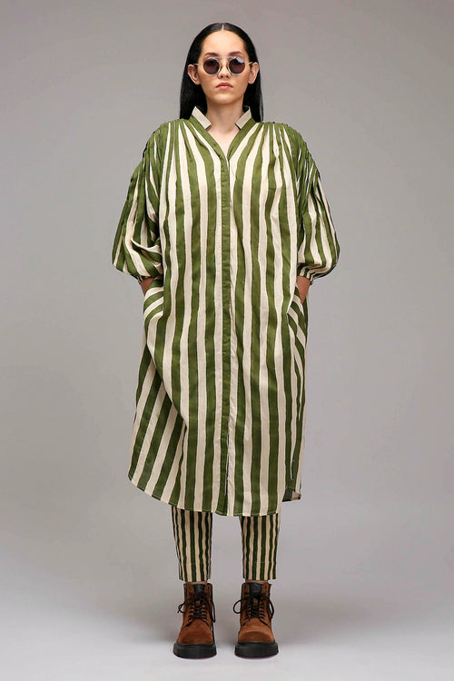 Egg-Shell Green Striped Baha Tunic Set
