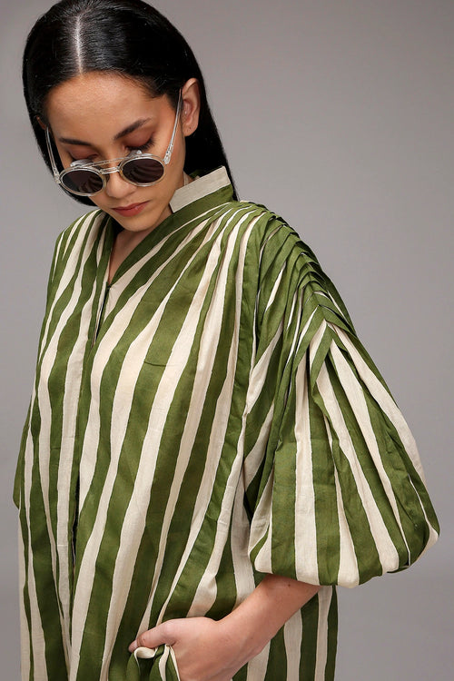 Egg-Shell Green Striped Baha Tunic Set