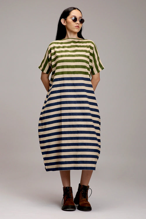 Egg-Shell Green And Blue Dual Striped Dress
