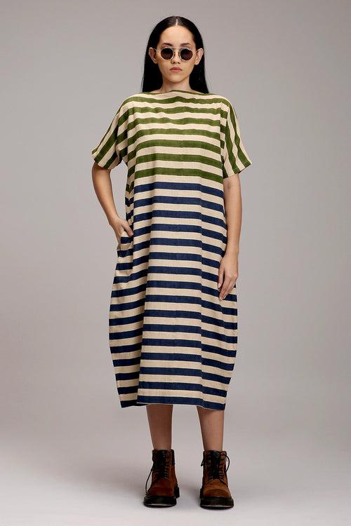 Egg-Shell Green And Blue Dual Striped Dress