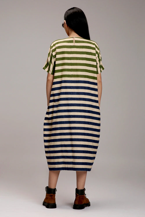 Egg-Shell Green And Blue Dual Striped Dress