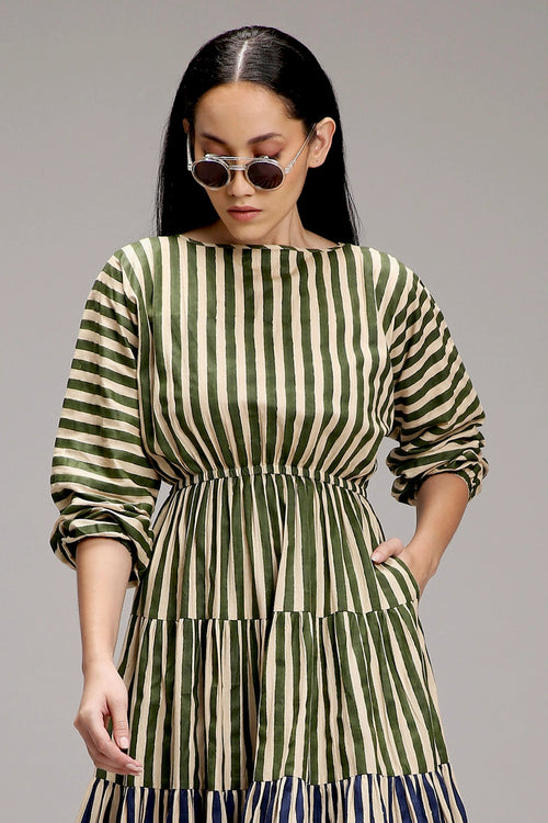 Egg-Shell Green And Blue Striped Tiered Dress