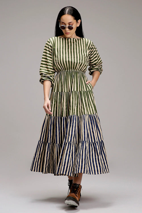 Egg-Shell Green And Blue Striped Tiered Dress