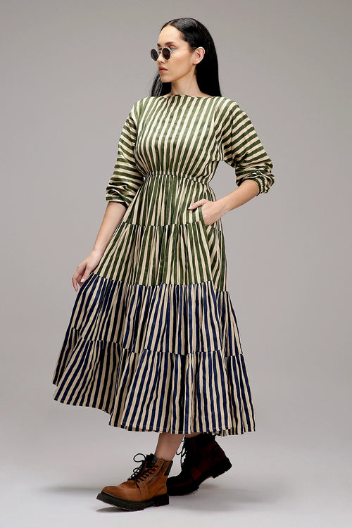 Egg-Shell Green And Blue Striped Tiered Dress