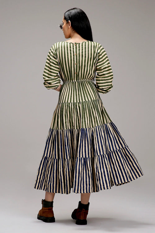 Egg-Shell Green And Blue Striped Tiered Dress