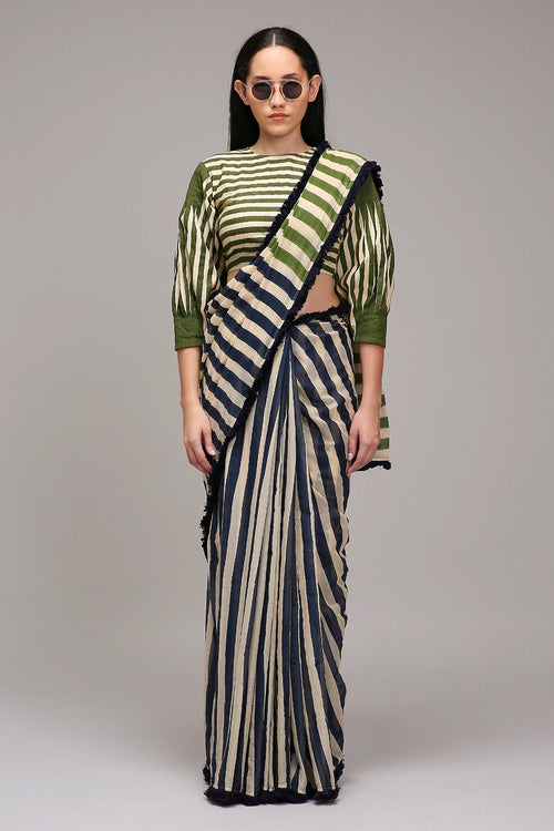 Egg-Shell Crop Top & Dual Striped Saree Set (2 PCS)
