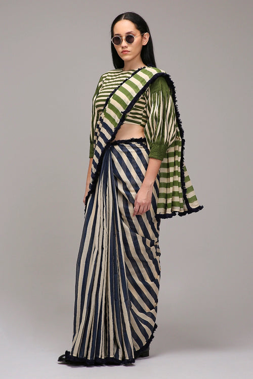 Egg-Shell Crop Top & Dual Striped Saree Set (2 PCS)