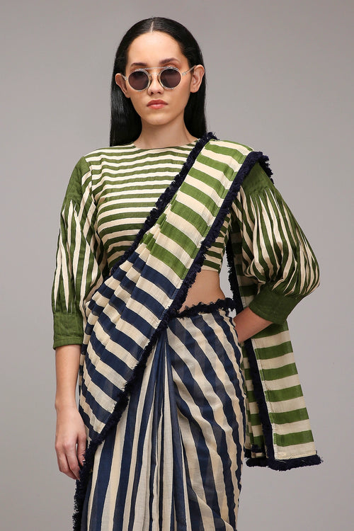 Egg-Shell Crop Top & Dual Striped Saree Set (2 PCS)