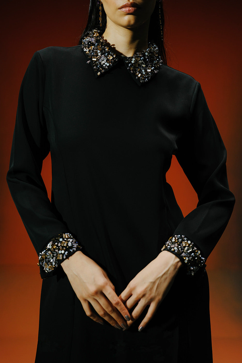 Black Crepe Crystal Embellished Shirt Dress