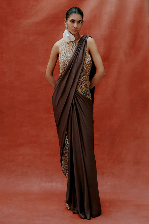 Metallic Mahogany Ombré Sculpted Dress Saree