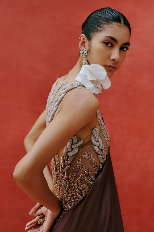 Metallic Mahogany Ombré Sculpted Dress Saree