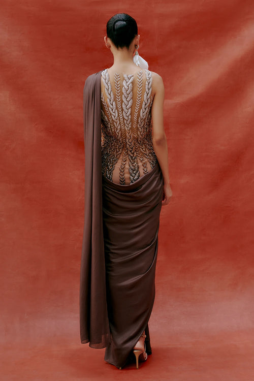 Metallic Mahogany Ombré Sculpted Dress Saree