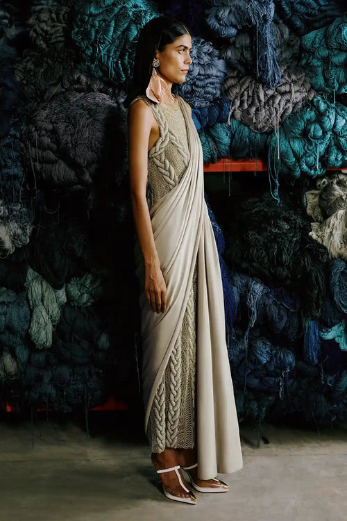 Sand 3D Knit Embroidered Dress With Saree Drape