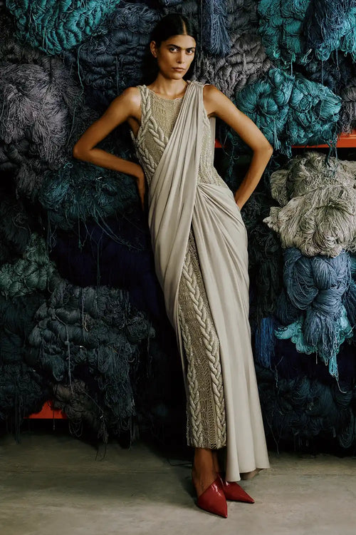 Sand 3D Knit Embroidered Dress With Saree Drape