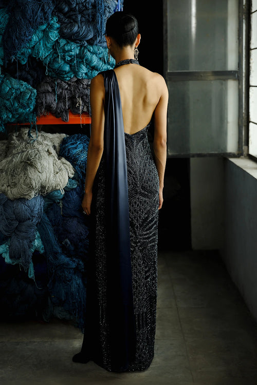 Prussian Blue Knit Loop Embroidered Dress With Saree Drape
