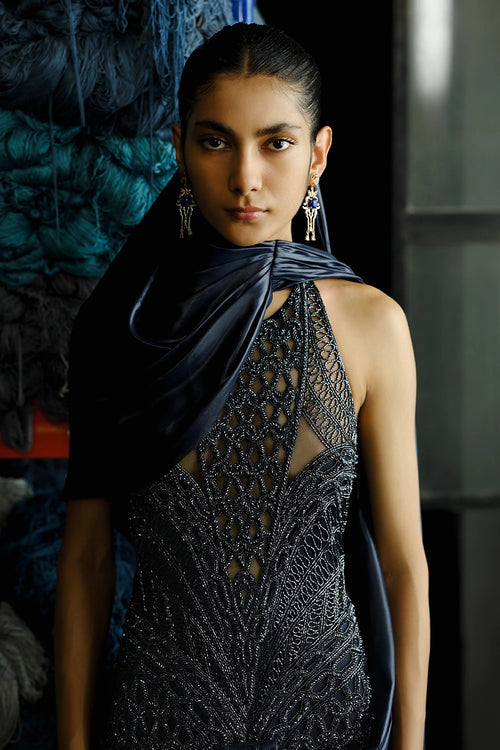 Prussian Blue Knit Loop Embroidered Dress With Saree Drape
