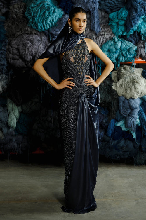Prussian Blue Knit Loop Embroidered Dress With Saree Drape