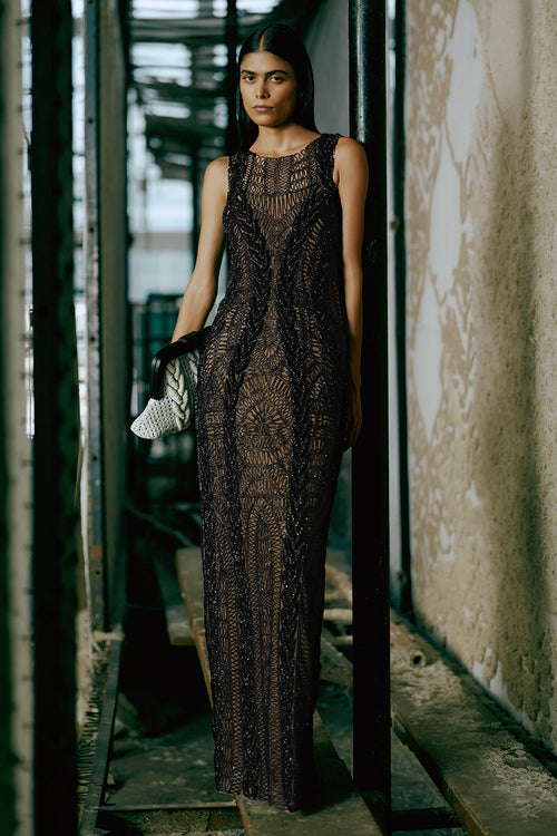 Coal 3D Hand-Embroidered Knit Dress With Saree Drape