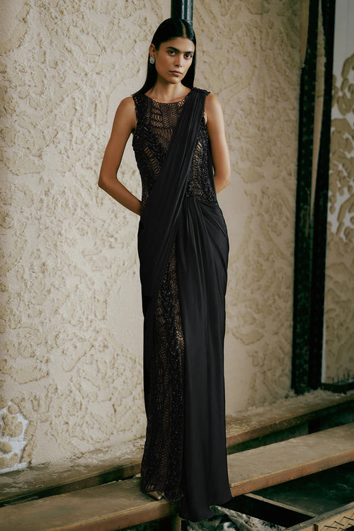Coal 3D Hand-Embroidered Knit Dress With Saree Drape