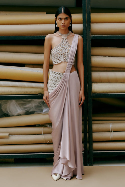 Soft Taupe Interloop Draped Saree