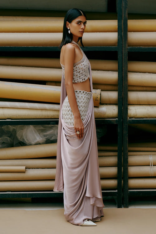 Soft Taupe Interloop Draped Saree