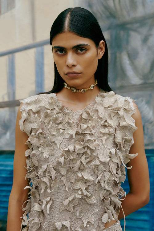 Zari 3D Bloom Asymmetric Vest With Ties