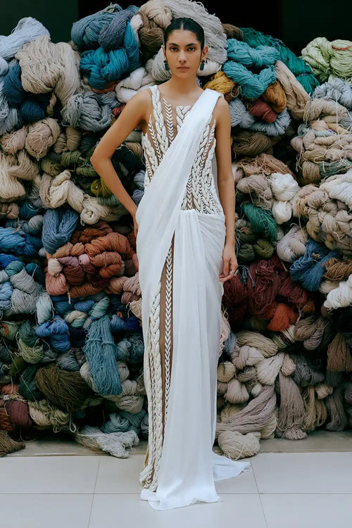 Ecru 3D Knit Embroidered Dress With Saree Drape