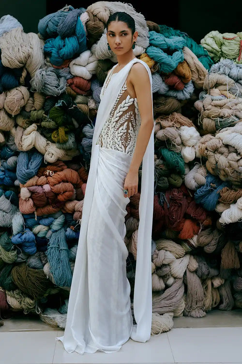 Ecru 3D Knit Embroidered Dress With Saree Drape