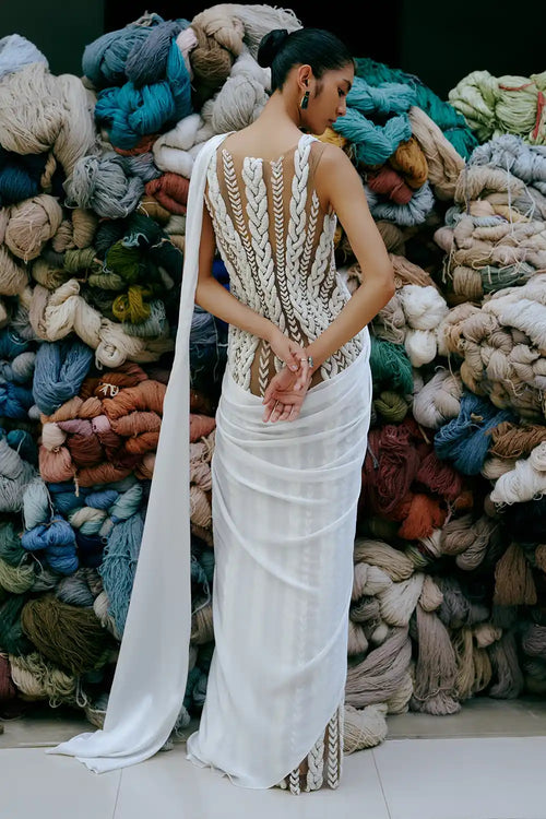 Ecru 3D Knit Embroidered Dress With Saree Drape