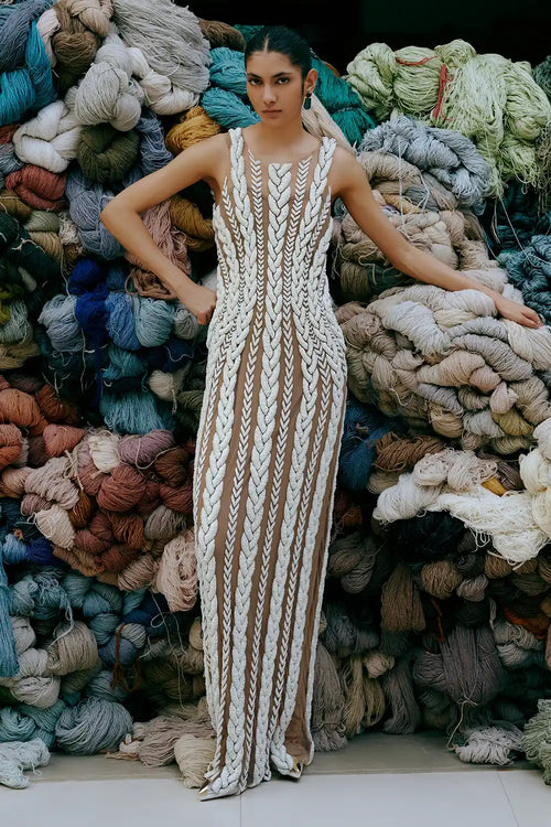 Ecru 3D Knit Embroidered Dress With Saree Drape