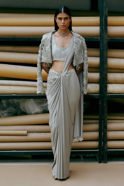 Sage Knitted Bloom Jacket Saree Set