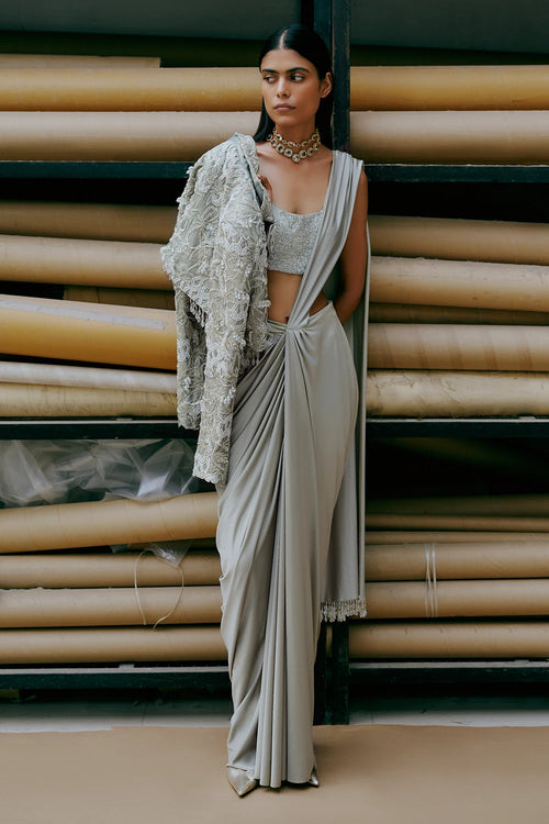 Sage Knitted Bloom Jacket Saree Set
