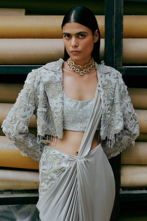 Sage Knitted Bloom Jacket Saree Set