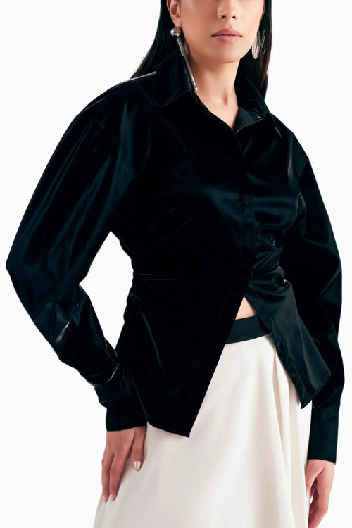 Coal Reflective Shirt With Monochrome Draped Trousers