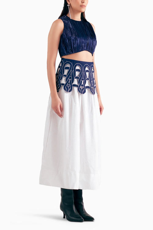 Navy Metallic Ruched Top With Denim Cut Out Loop Skirt