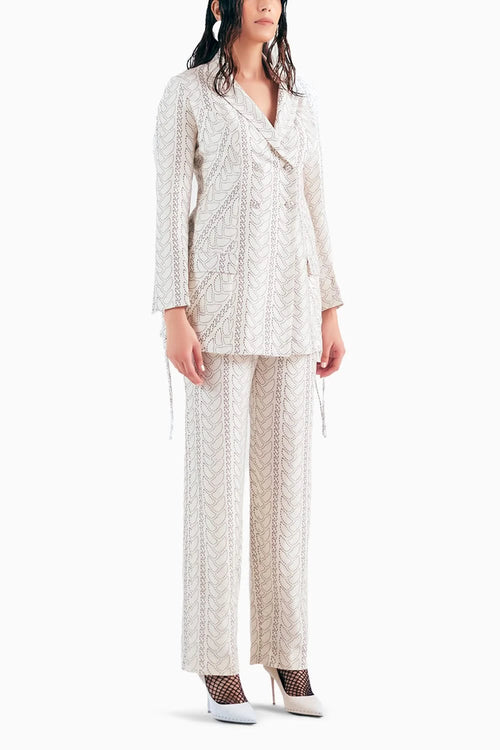 Monochrome Knit Print Pant Suit With Ties
