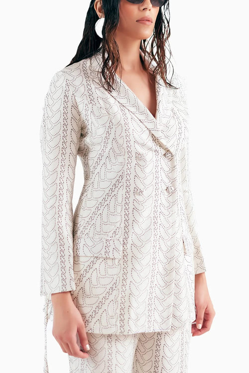 Monochrome Knit Print Pant Suit With Ties