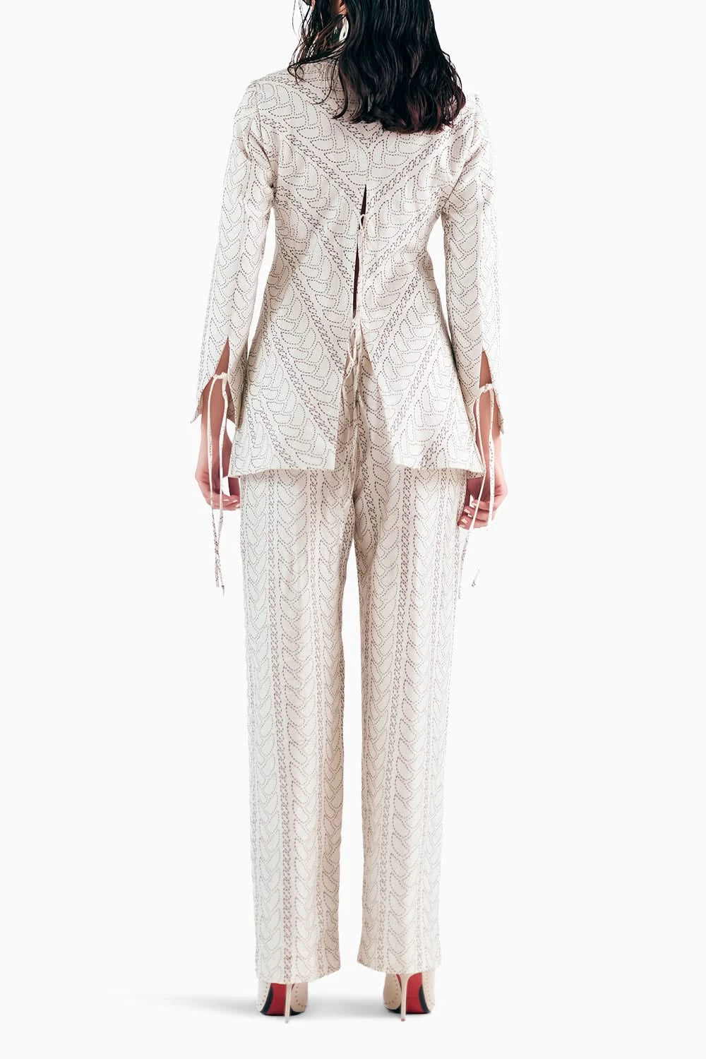 Monochrome Knit Print Pant Suit With Ties