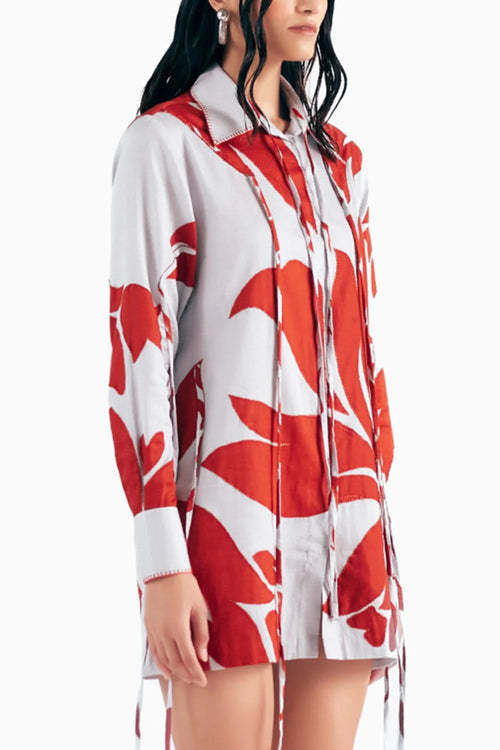 Color Block Floral Appliqué Shirt Dress
