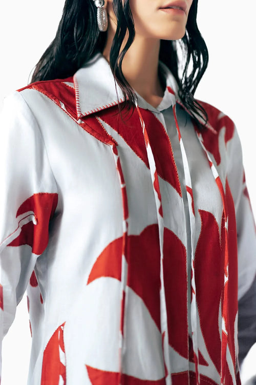 Color Block Floral Appliqué Shirt Dress