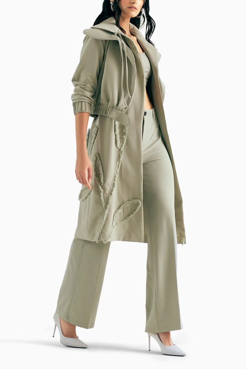 Sage Green Floral Appliqué Bomber Trench