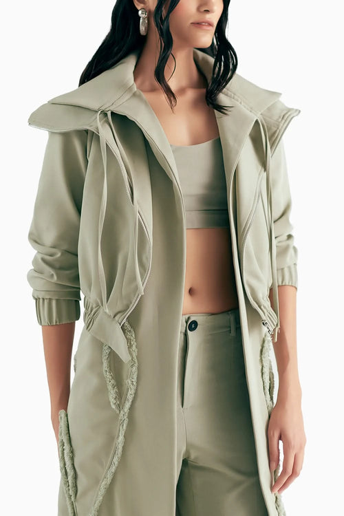 Sage Green Floral Appliqué Bomber Trench