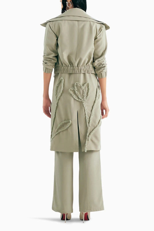 Sage Green Floral Appliqué Bomber Trench