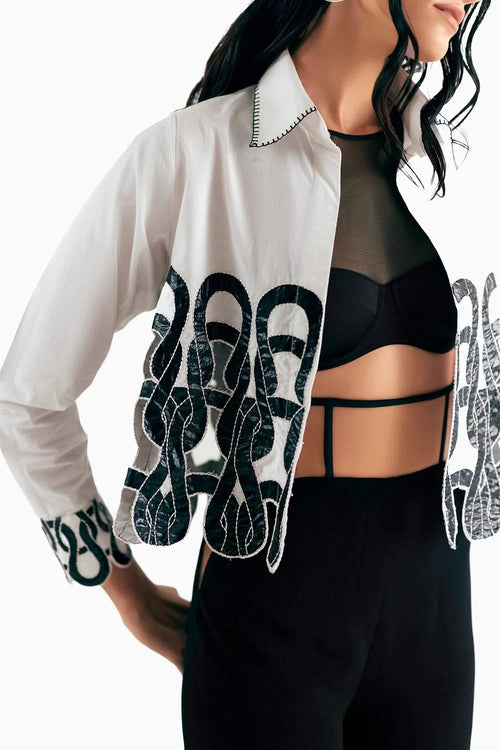 Monochrome Knit Loop Cutwork Cropped Shirt