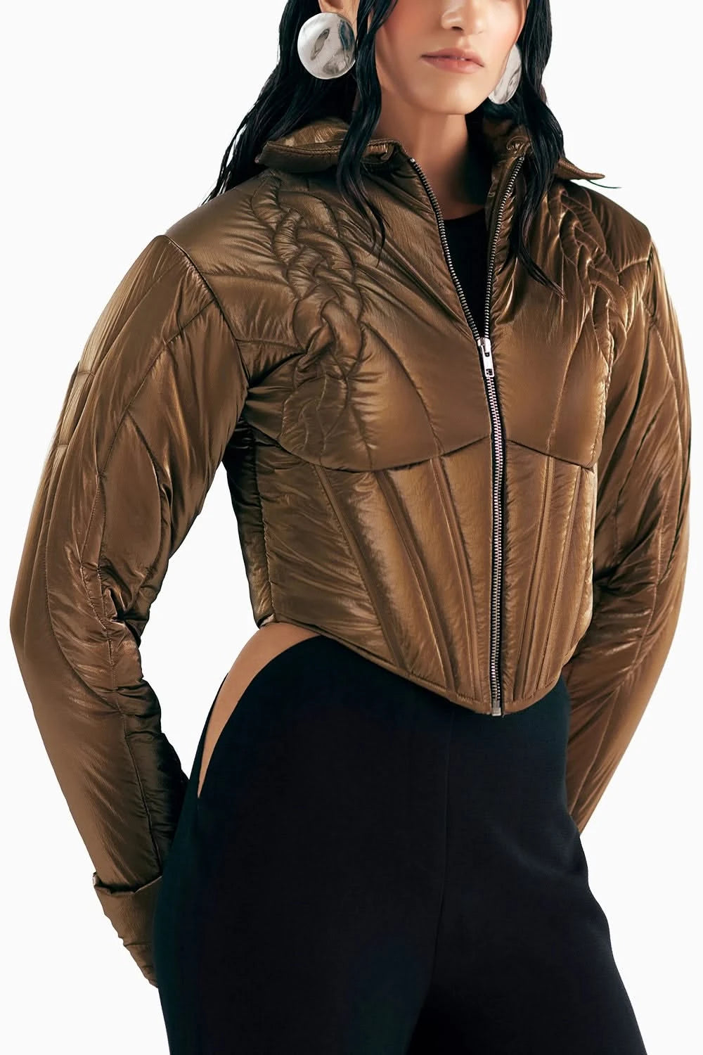 Bronze Knit Quilted Corset Puffer Jacket